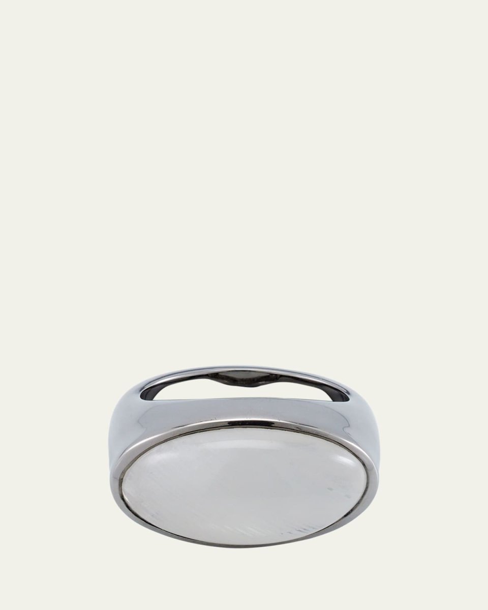 Elliptic Ring with Cabochon-Cut Rainbow Moonstone